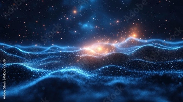 Fototapeta Blue particle wave landscape with glowing lights in digital space