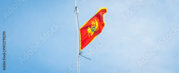 Fototapeta Montenegrin flag waving in wind during sailing. Flag of Montenegro on blue sky background.