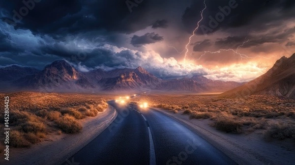 Obraz A winding desert road leading into a distant mountain range veiled in storm clouds