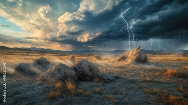 Obraz A windswept plain interrupted by jagged boulders