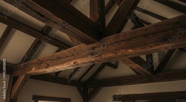 Fototapeta Architectural detail featuring a complex wooden beam ceiling structure