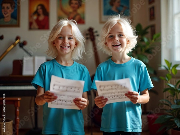 Fototapeta Ai-generated smiling blond twins holding musical notes during music lesson.