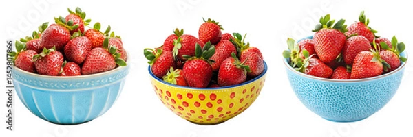 Fototapeta Set of Fresh strawberries in a white ceramic bowl on a rustic wooden table on transparent png background. Ai generated