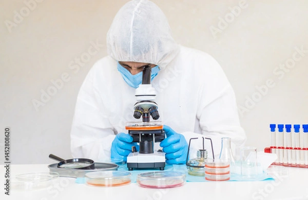 Obraz Examine bacteria in petri dishes in the laboratory. Selective focus.