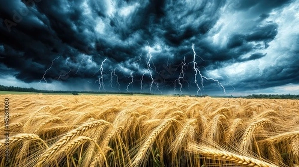 Fototapeta Endless fields of golden wheat swaying violently in the wind beneath an angry sky
