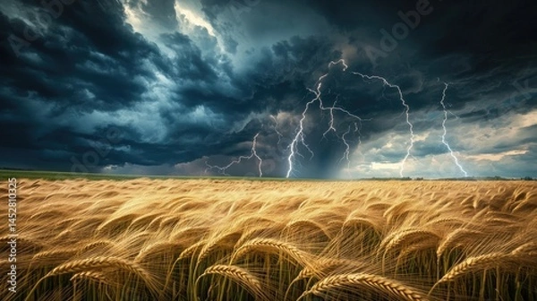 Obraz Endless fields of golden wheat swaying violently in the wind beneath an angry sky