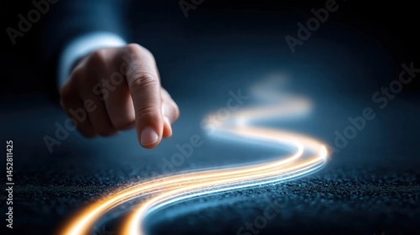 Fototapeta Leader presents start up project A hand tracing a glowing path on a dark surface.