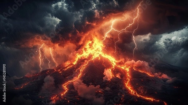 Fototapeta Lava from an active volcano casting fiery light upward as storm clouds bring a show of lightning flashes into the ash-filled skies.