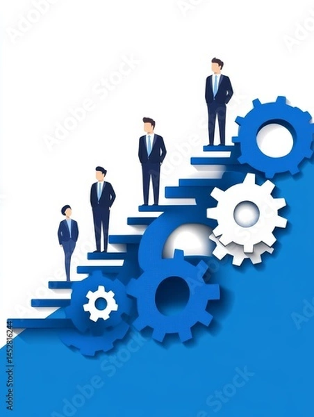 Fototapeta Business Growth Strategy and Teamwork - Illustration of businesspeople ascending a staircase of gears, symbolizing career advancement and collaborative success