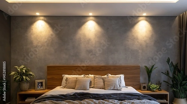 Obraz Contemporary bedroom with recessed ceiling lights, textured concrete wall, wide oak wood headboard, and elegant d?(C)cor in