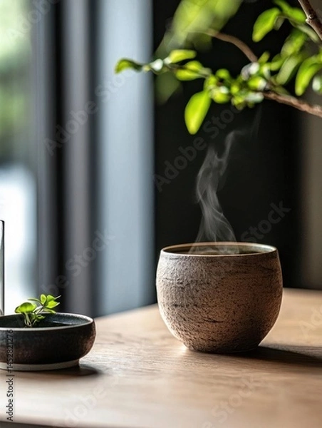 Obraz Small potted plant on a wooden table next to a glass of water. the pot is made of a light-colored material and has a textured surface. next to the pot, there is a small plant with green leaves.