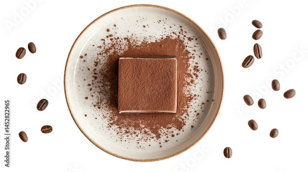 Fototapeta Flat lay of tiramisu square on plate with cocoa dust and coffee beans, isolated white background 
