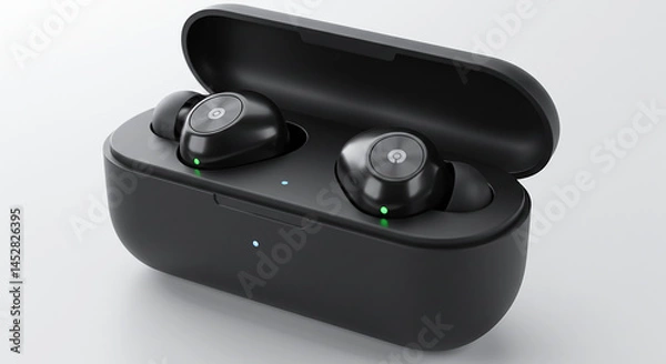 Fototapeta True wireless stereo earbuds are charging in their open black case