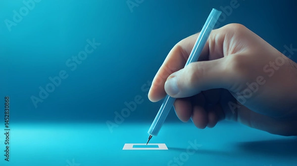 Obraz Hand with a pencil pointing at a paper square and writing a correct answer