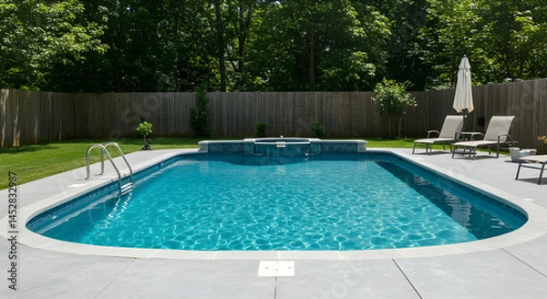 Fototapeta Elegant Backyard Swimming Pool Surrounded by Greenery and Lounge Chairs