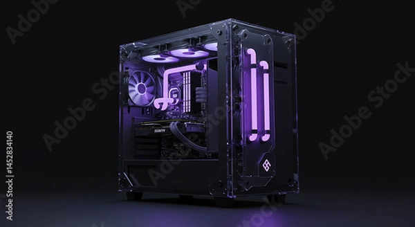 Fototapeta Modern desktop pc gaming rig with neon purple lights and transparent case