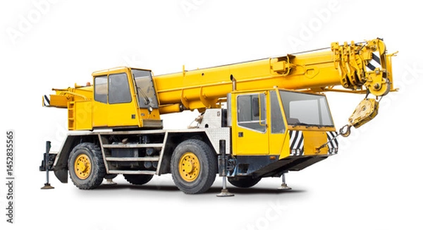 Fototapeta Yellow mobile crane truck side view isolated on transparent background. PNG