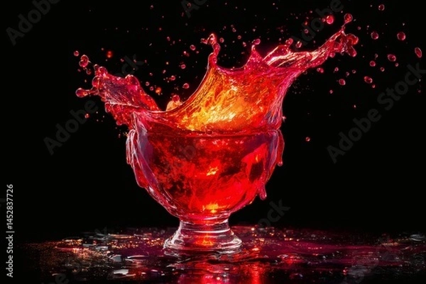 Fototapeta A dynamic splash of vibrant red liquid bursts from an elegant glass, against a dark backdrop