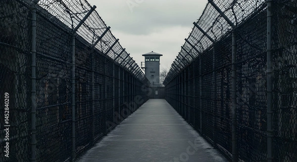 Fototapeta Dark and Gloomy Prison Environment with Chain Link Fencing