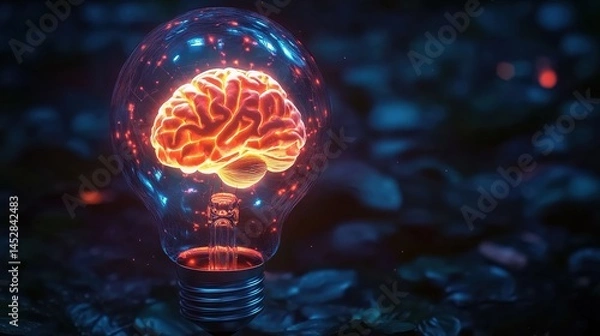 Fototapeta A light-bulb containing a luminous wire-framed brain, with a dark background featuring red and blue bokeh effects and a network pattern on the base.