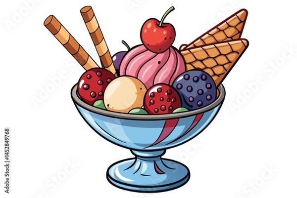 Obraz Decadent ice cream sundae in a glass bowl topped with strawberries, wafers, and colorful ice cream scoops for a delicious treat