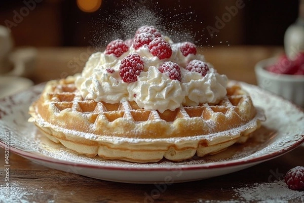 Fototapeta 
Waffles with cream and chocolate hearts for Valentine's Day: waffles covered in cream with chocolate hearts and red berries for a romantic holiday mood.

