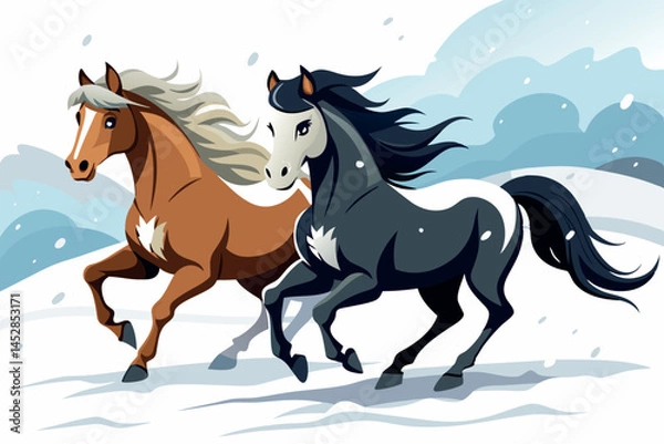 Fototapeta Powerful horses galloping across a snowy field, symbolizing grace and vitality with a strong dynamic movement in winter