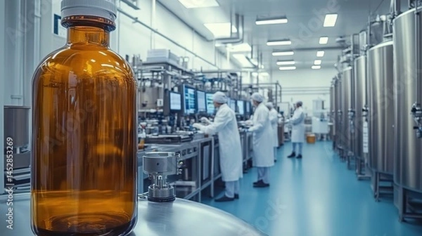 Fototapeta A large-scale pharmaceutical production workshop with an amber glass bottle in the foreground and workers in lab coats.