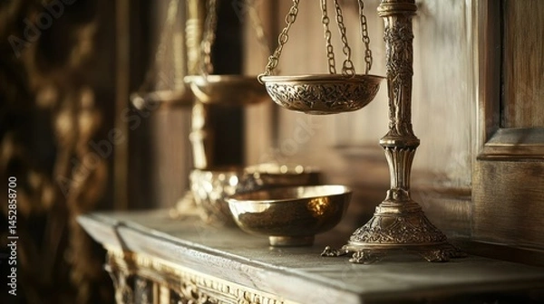 Fototapeta Elegant golden scales of justice on ornate table capturing balance law and legal profession with a timeless classic and sophisticated ambiance in soft light