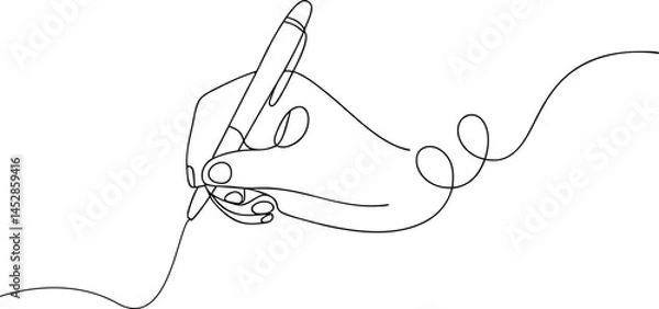 Fototapeta One line drawing of hands writing with pens, continuous line art illustration in minimalist black outline style

