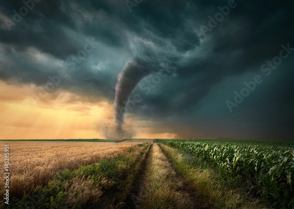 Fototapeta Tornado uderzyło w pola uprawne o zachodzie słońca