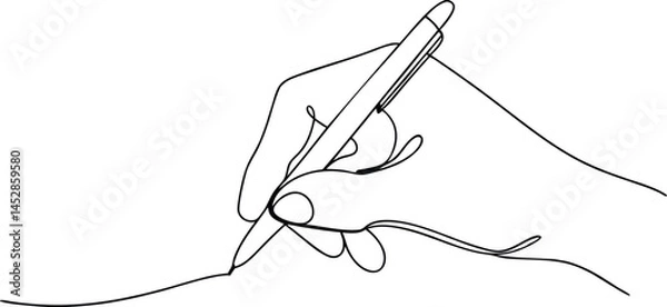 Fototapeta One line drawing of hands writing with pens, continuous line art illustration in minimalist black outline style

