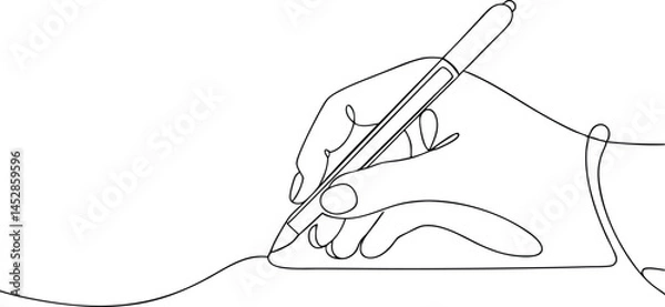 Fototapeta One line drawing of hands writing with pens, continuous line art illustration in minimalist black outline style

