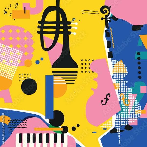 Obraz Colorful Abstract Jazz Collage with Musical Instruments – Pop Art Vector Illustration