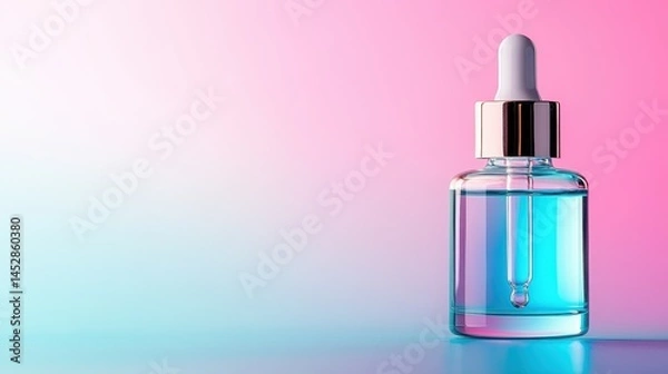 Fototapeta This image captures a stylish glass dropper bottle surrounded by a mesmerizing gradient of pink and blue, symbolizing modernity and elegance in the beauty and skincare industry.