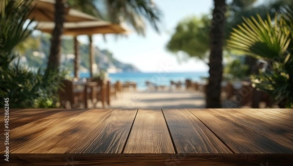 Fototapeta Empty wooden table, beachside cafe, blurred background, product display, vacation