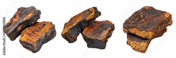 Fototapeta Set of Close-up macro photography of dried Chaga mushroom showing its burnt on transparent png background. Ai generated