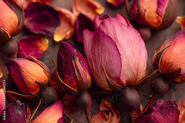 Fototapeta Overhead view of dried rose buds and petals in flat lay, warm natural light