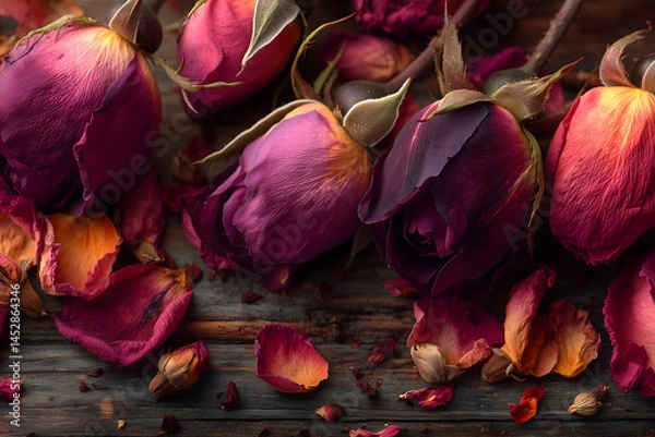 Fototapeta Overhead view of dried rose buds and petals in flat lay, warm natural light
