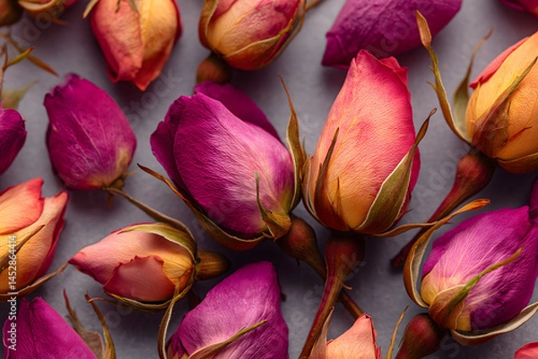 Fototapeta Overhead view of dried rose buds and petals in flat lay, warm natural light