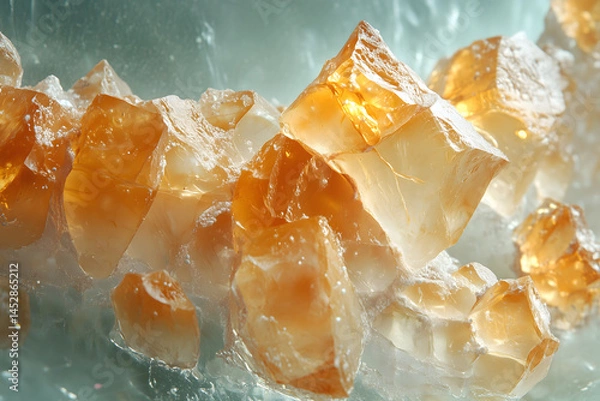 Fototapeta Scattered synthetic ambergris fragments on frosted glass, ambient cool lighting
