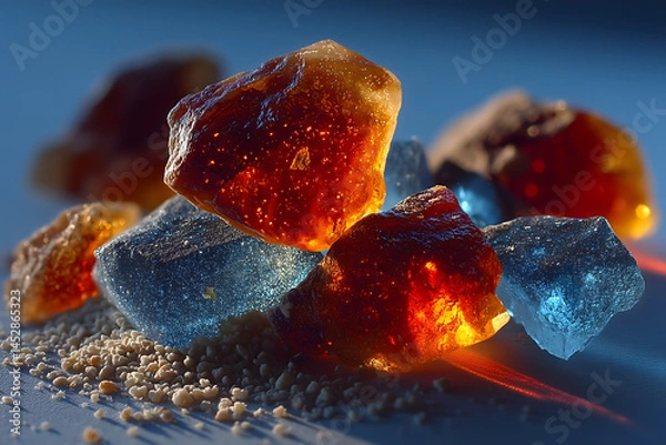 Fototapeta Scattered synthetic ambergris fragments on frosted glass, ambient cool lighting