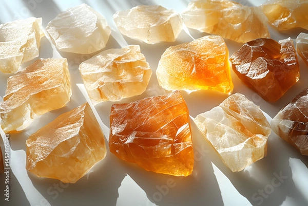 Fototapeta Scattered synthetic ambergris fragments on frosted glass, ambient cool lighting