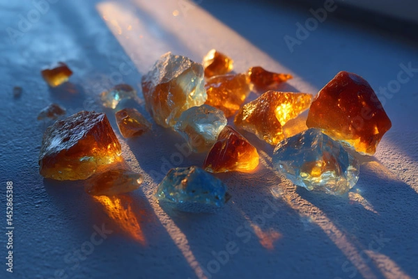 Fototapeta Scattered synthetic ambergris fragments on frosted glass, ambient cool lighting