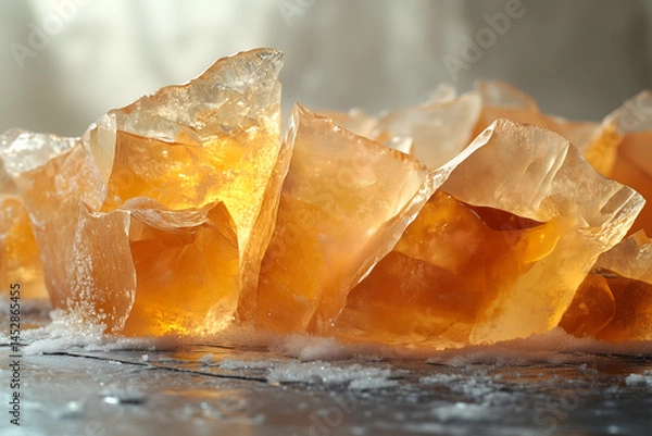 Fototapeta Scattered synthetic ambergris fragments on frosted glass, ambient cool lighting