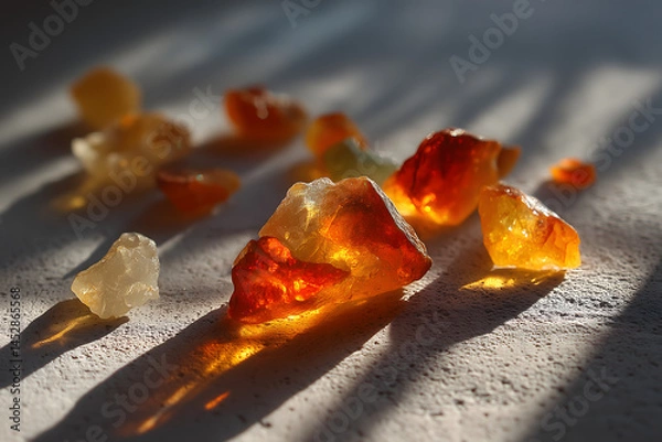 Fototapeta Scattered synthetic ambergris fragments on frosted glass, ambient cool lighting