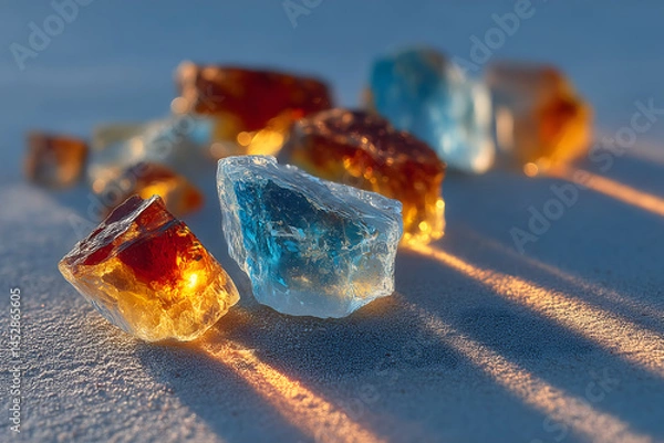 Fototapeta Scattered synthetic ambergris fragments on frosted glass, ambient cool lighting