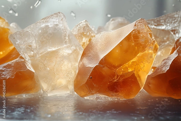 Fototapeta Scattered synthetic ambergris fragments on frosted glass, ambient cool lighting