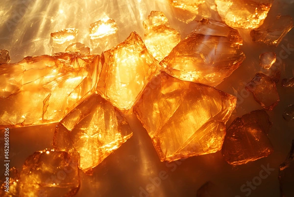 Fototapeta Scattered synthetic ambergris fragments on frosted glass, ambient cool lighting