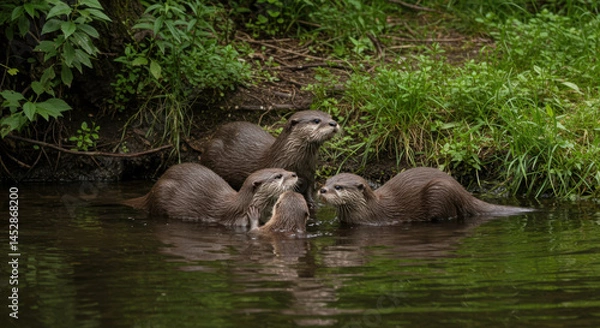 Fototapeta Group of Wild Otters in Forest Stream Exploring the Riverbank